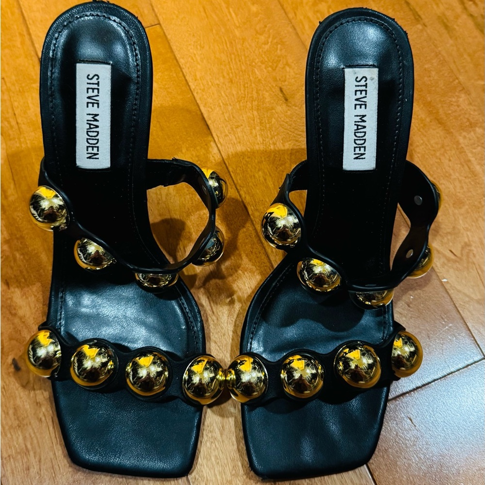 Steve Madden Black Heeled Sandals with Gold Orb Details